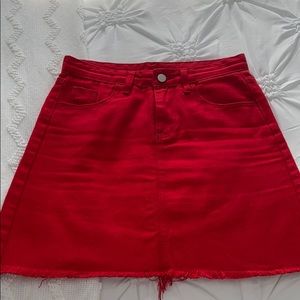 Red mini denim skirt
